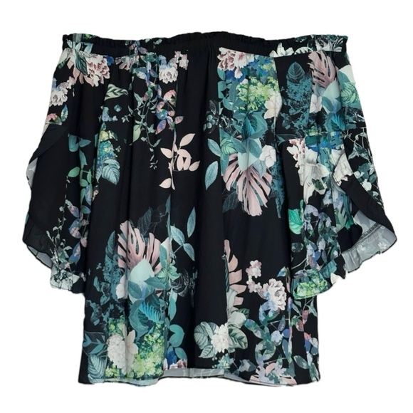 City Chic Off Shoulder Floral Blouse Top Black XL (US 22) Plus Ruffle Sleeve NWT - Picture 2 of 9